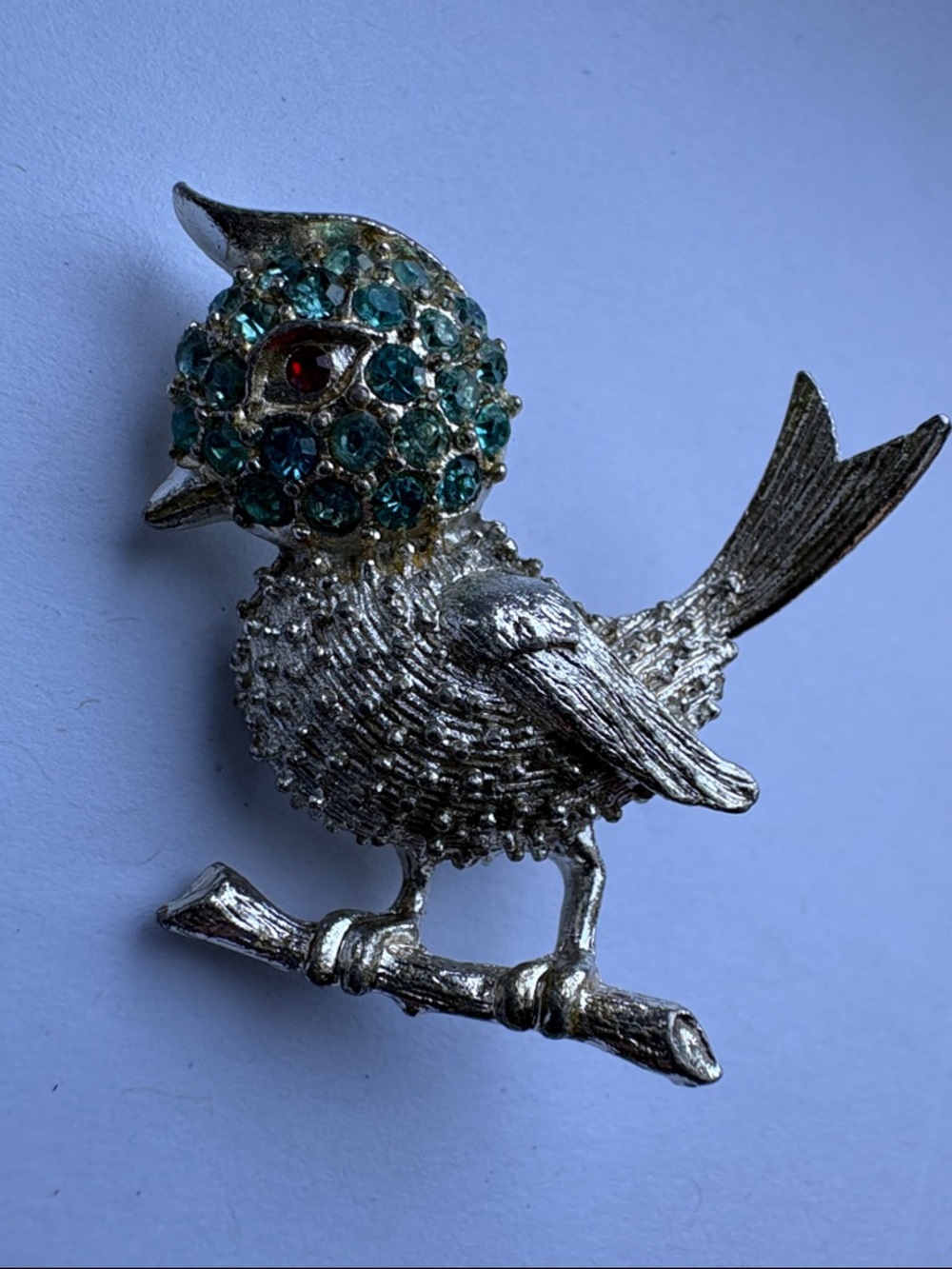 Vintage Silver Tone Bird Brooch with Teal Crystal Accents #135